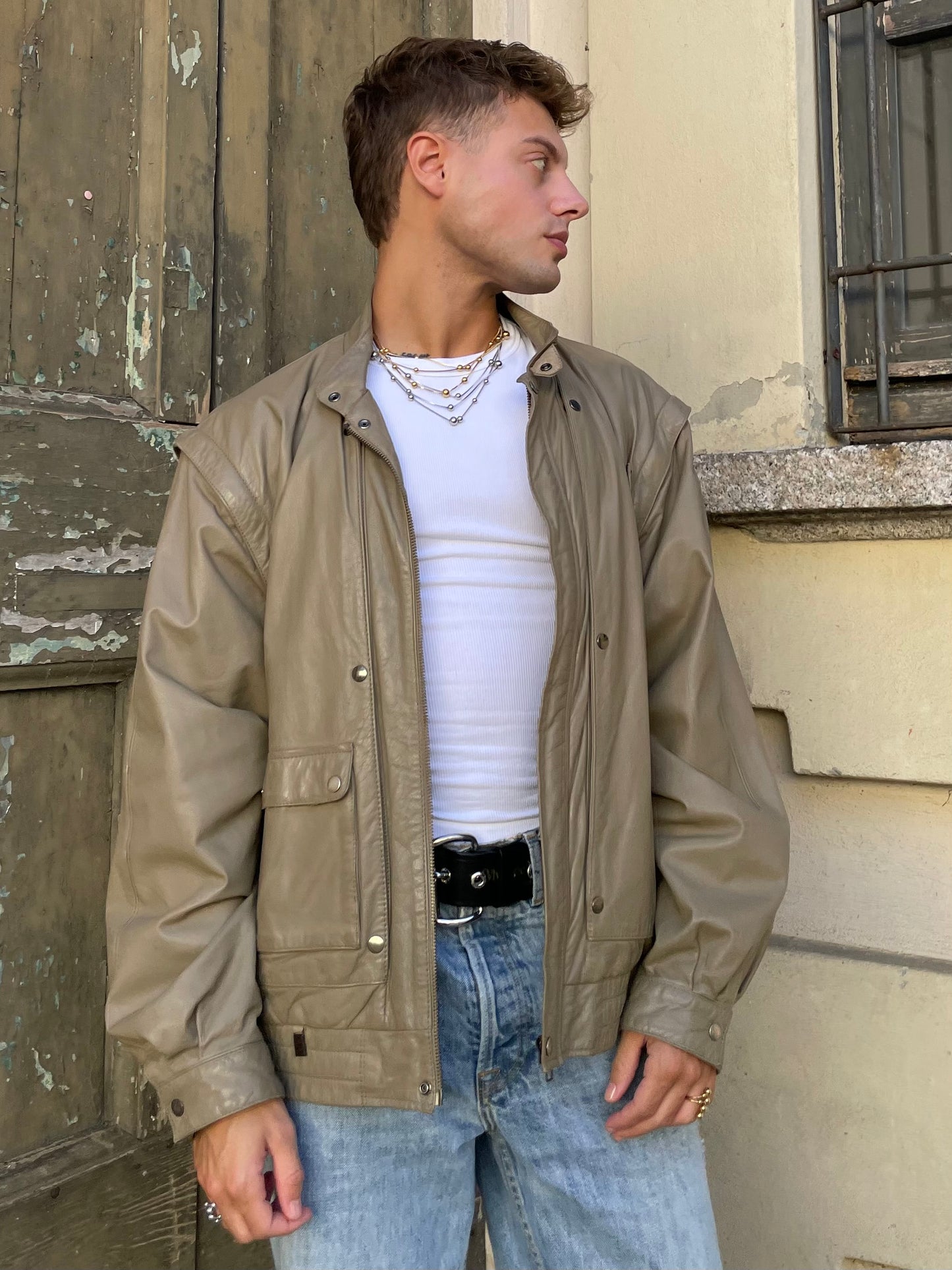 Bomber smanicabile vera pelle beige - M uomo