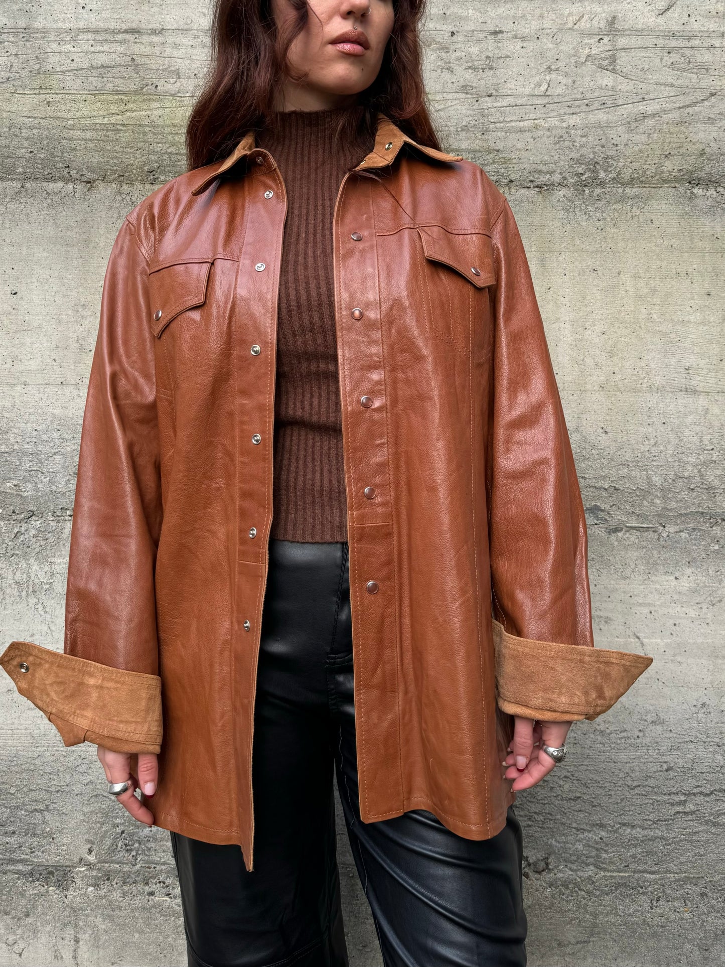 Overshirt double face in cuoio e renna color cognac