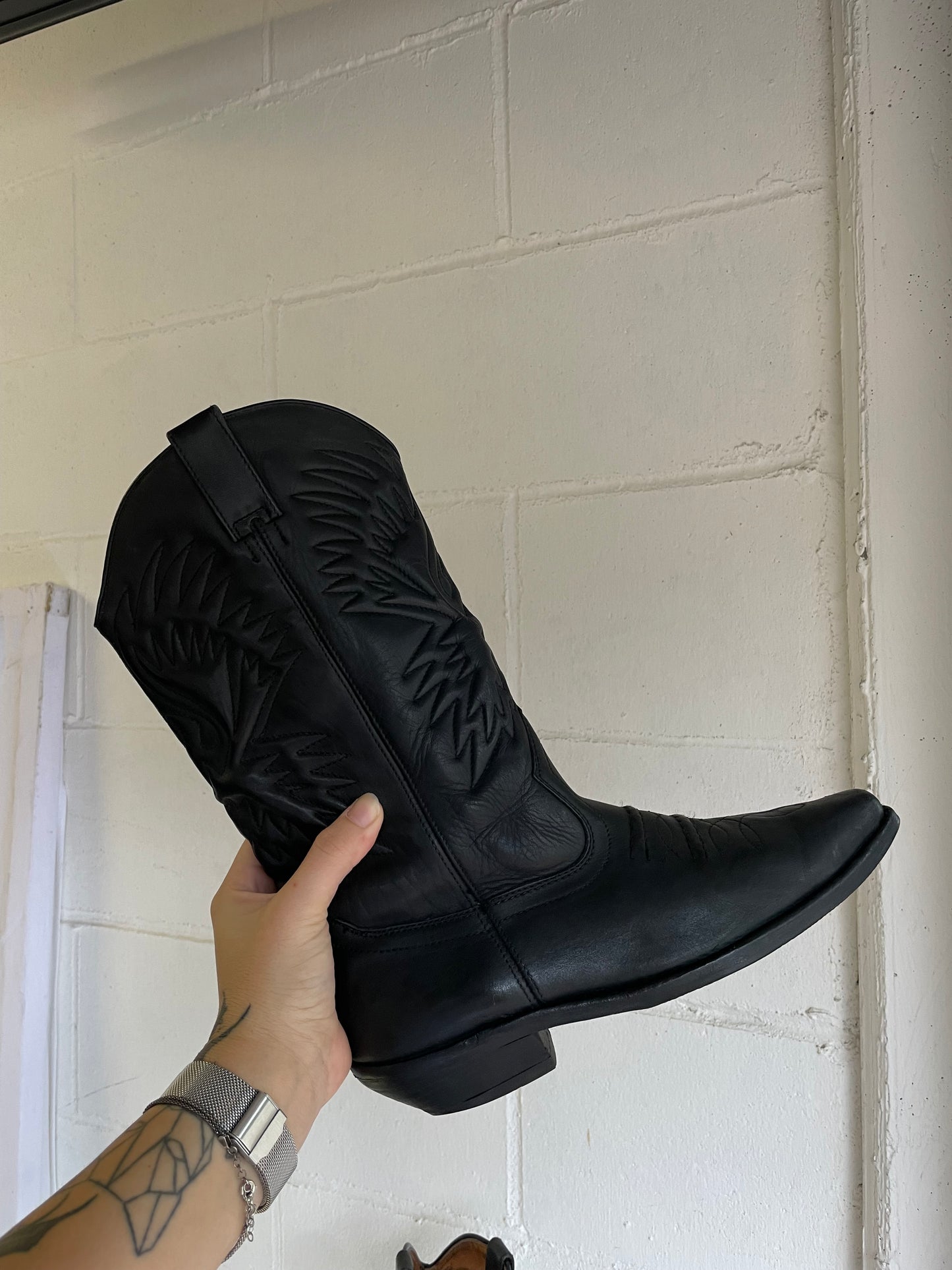 EU 38.5/39 - Texano vintage al polpaccio in vera pelle nero