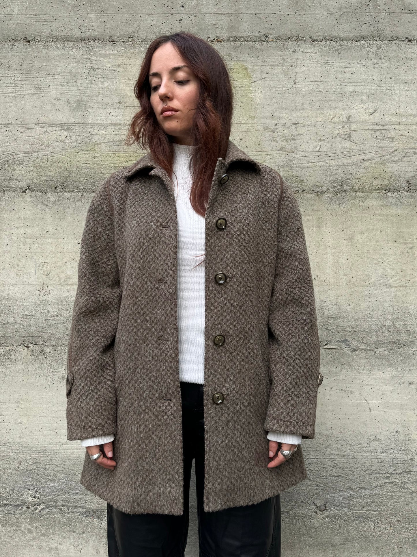 Cappottino Loden spigato color fango, misto lana e alpaca