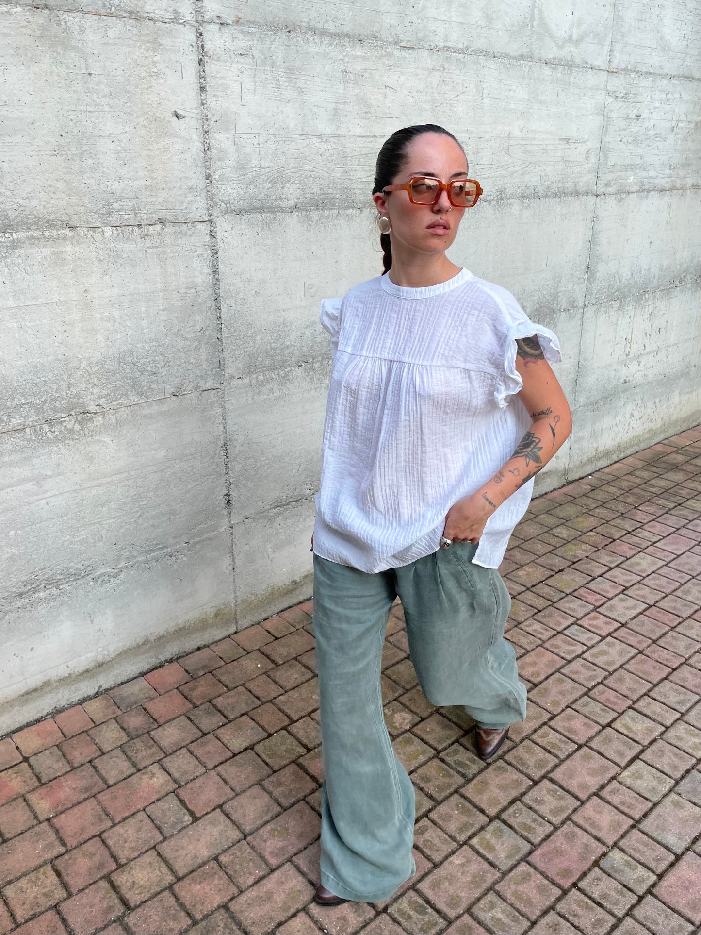 Pantapalazzo verde salvia 100% ramiè, taglia M