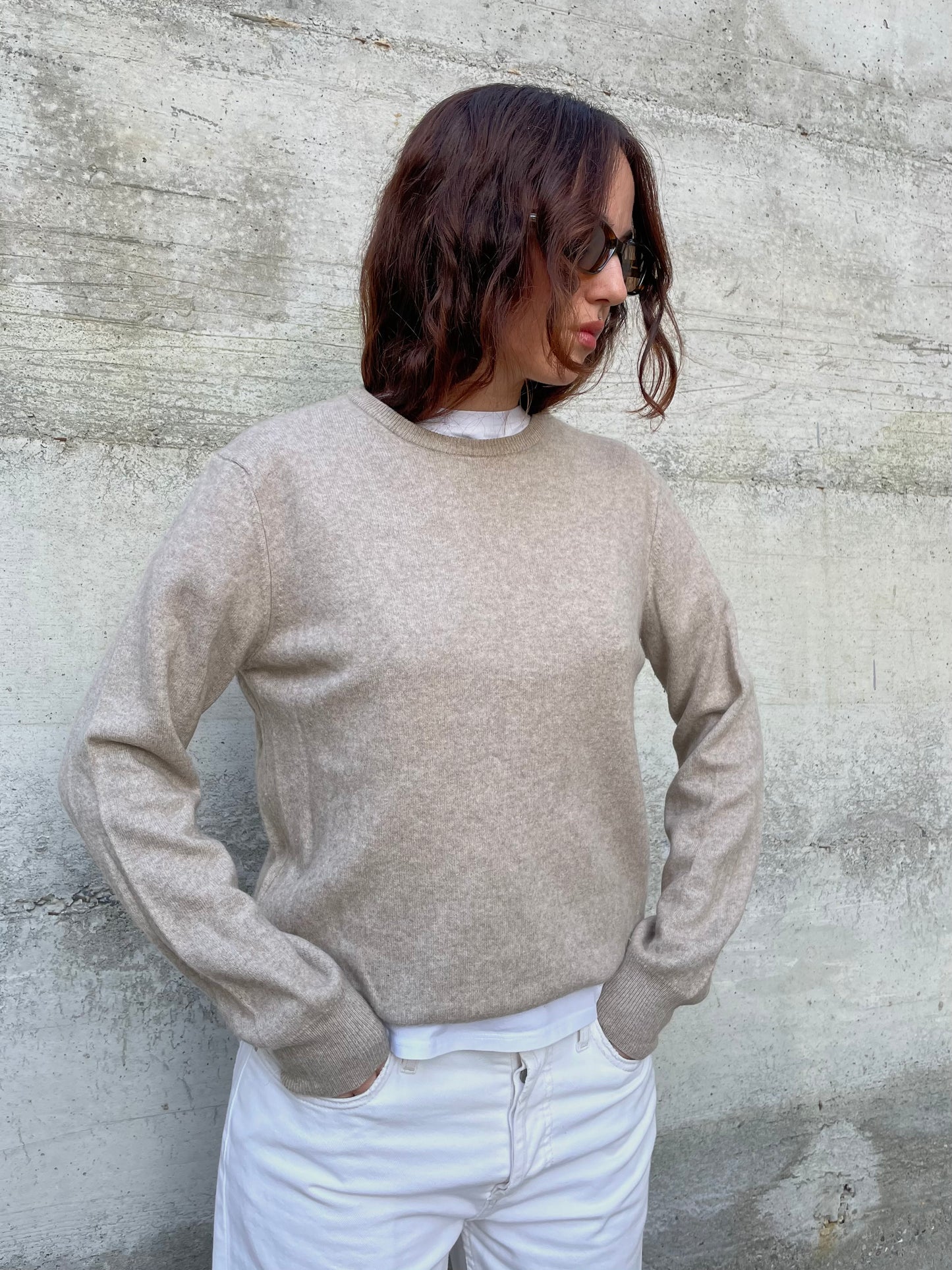 Maglioncino girocollo sabbia 100% cashmere