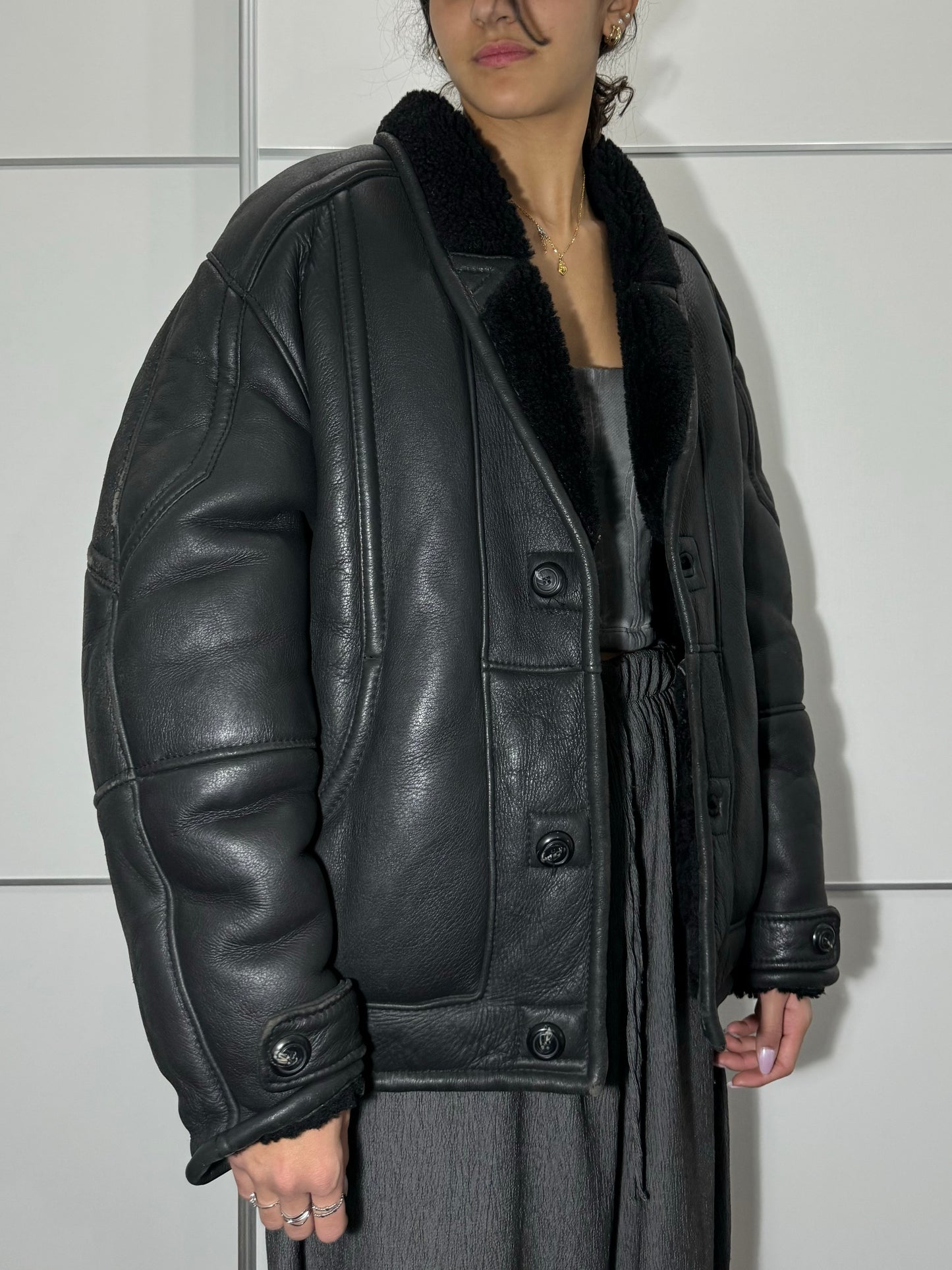 Bomber in montone Shearling nero, taglia 48it uomo