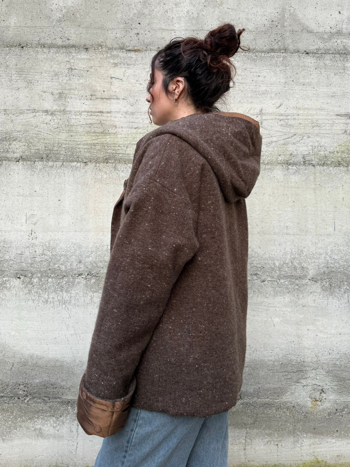 Piumino doubleface con cappuccio, shantung di seta e misto lana/mohair