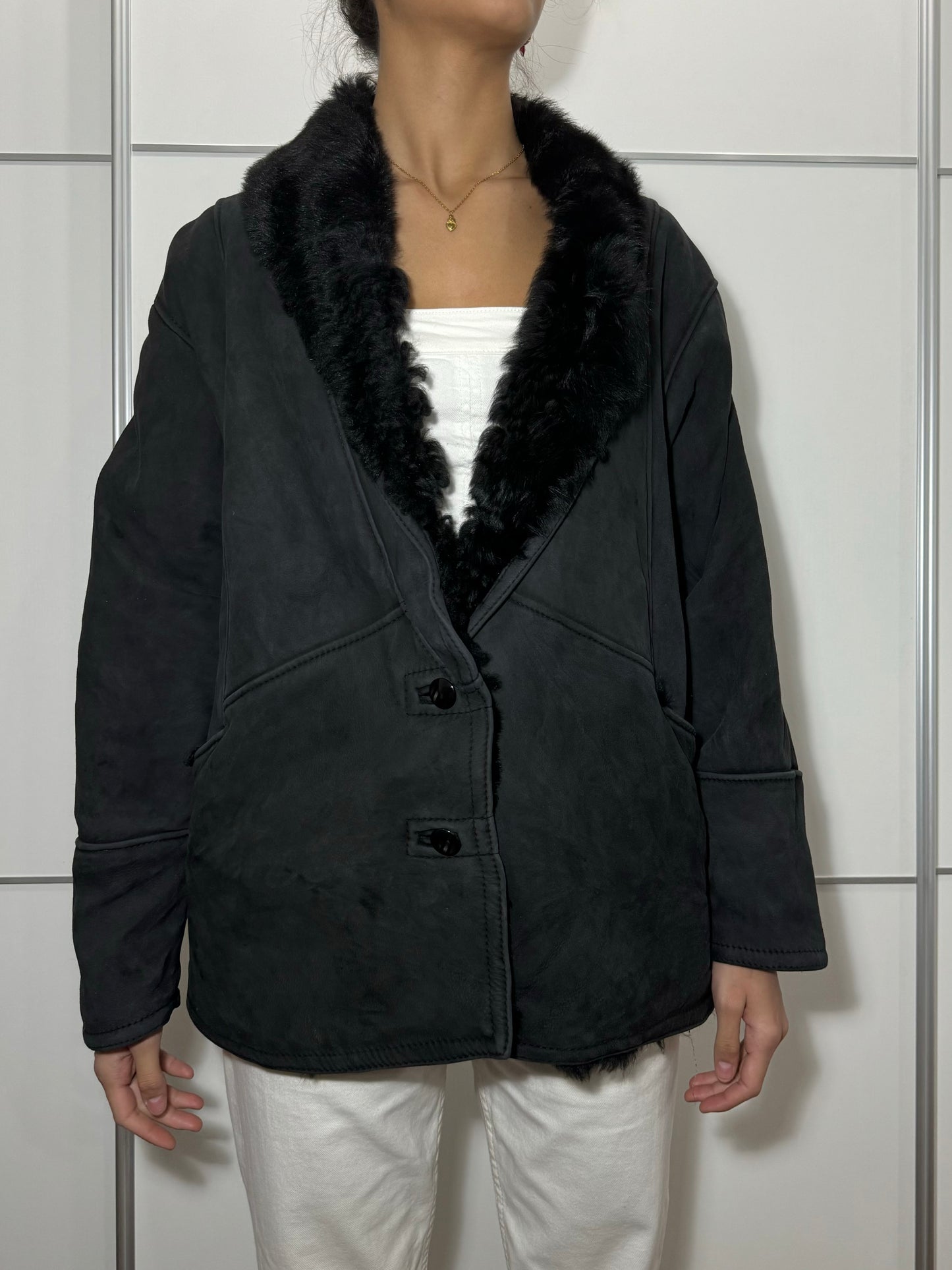 Montone originale Shearling scamosciato nero, taglia 44it donna