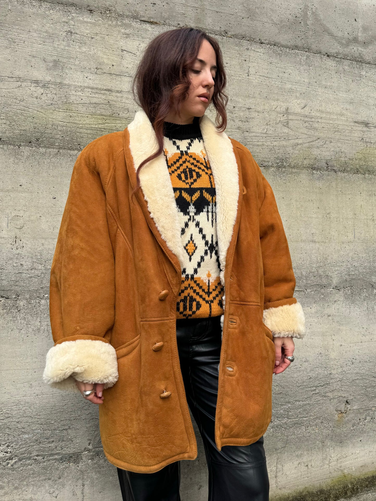 Montone originale Shearling caramello scamosciato, taglia 50it uomo