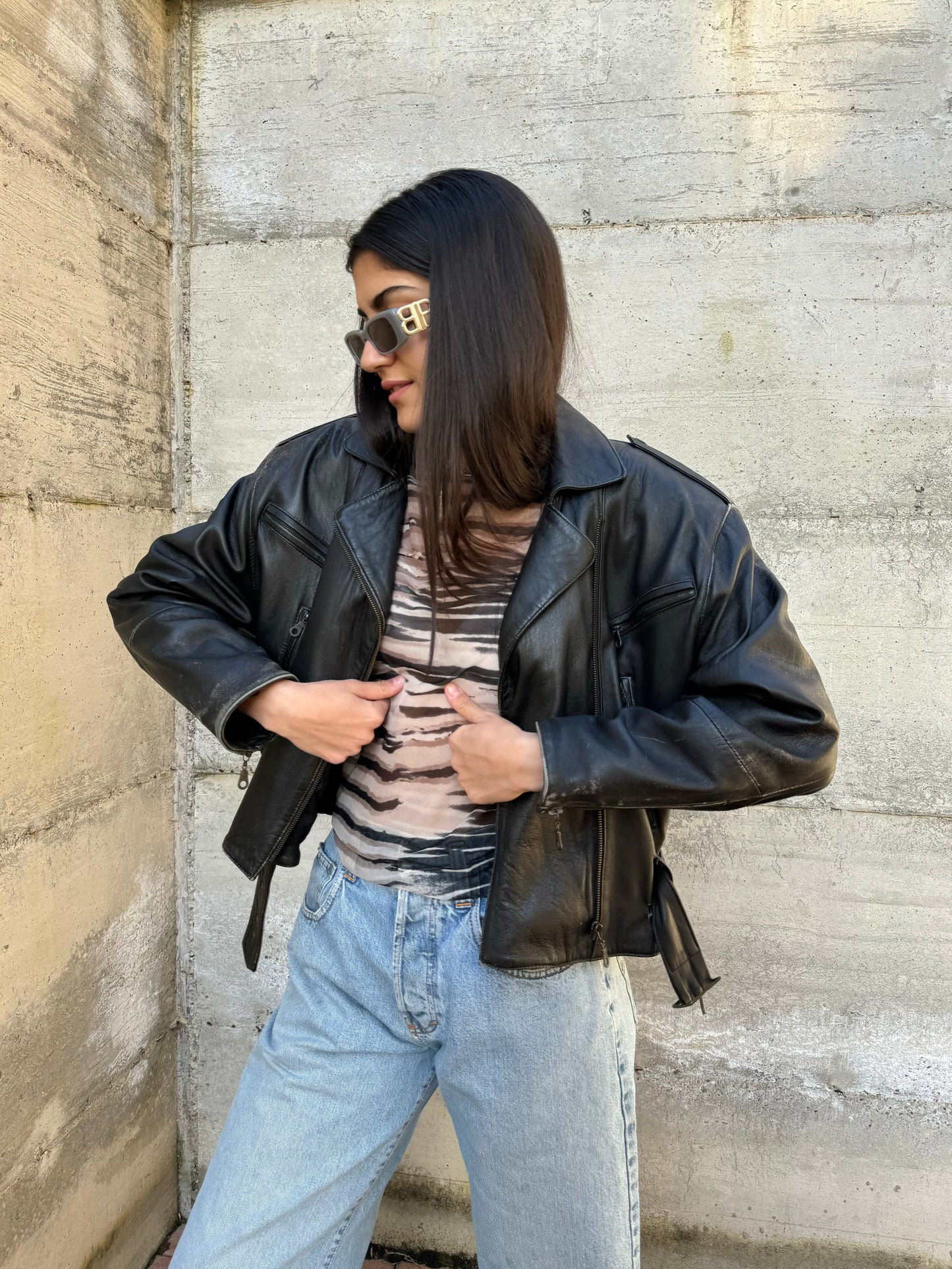 Bomber crop 80s in vera pelle nappata effetto used