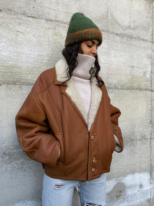 Bomber originale Shearling in pelle color ruggine, pelo raso bianco, taglia 50it uomo