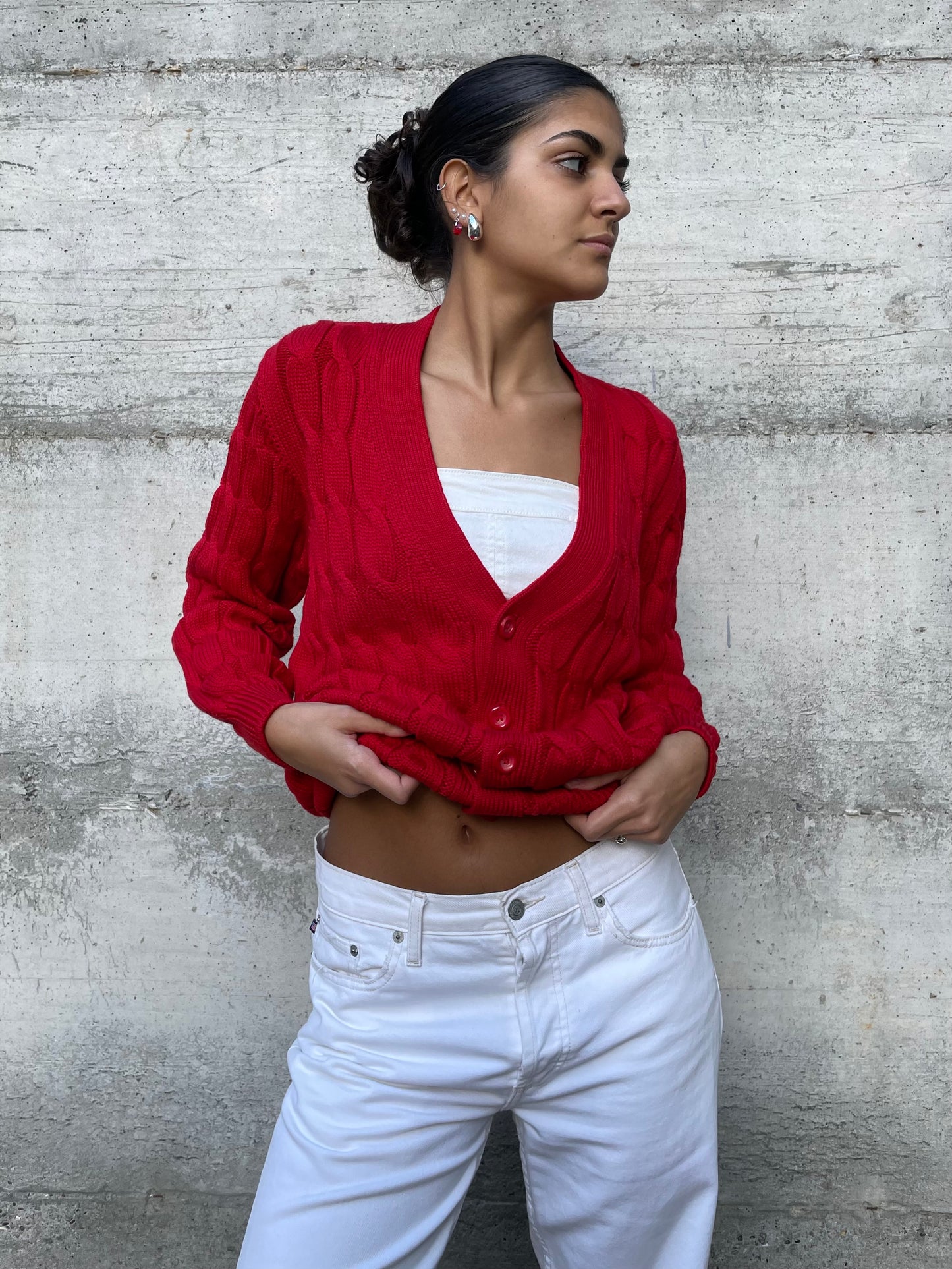 Cardigan sartoriale misto lana e cotone, rosso acceso - taglia M