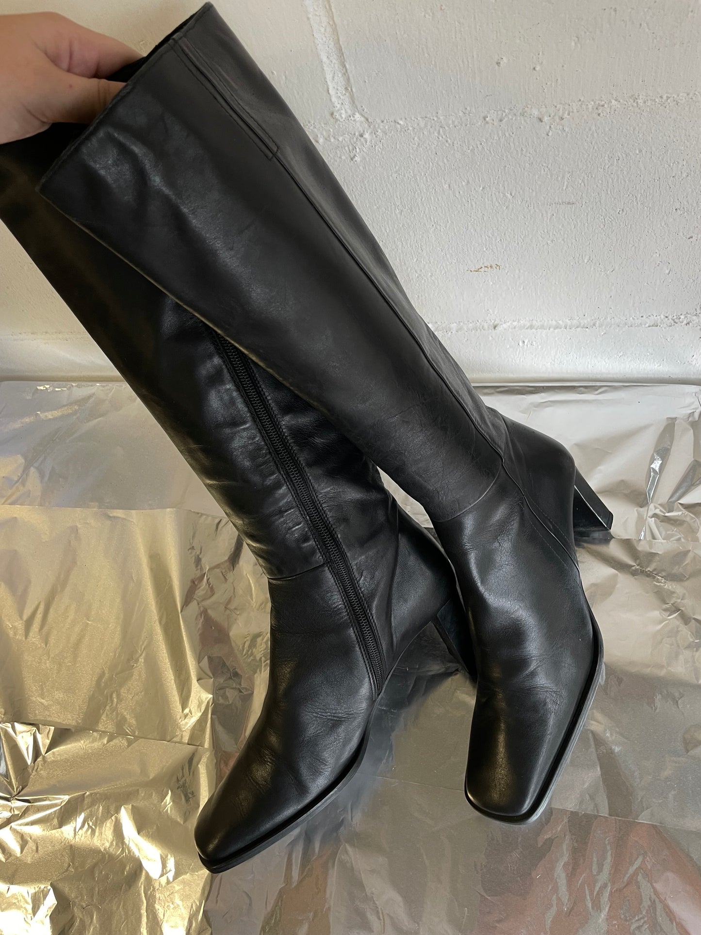 EU 37 - Stivale vintage vera pelle nero, punta quadrata e tacco grosso 7cm