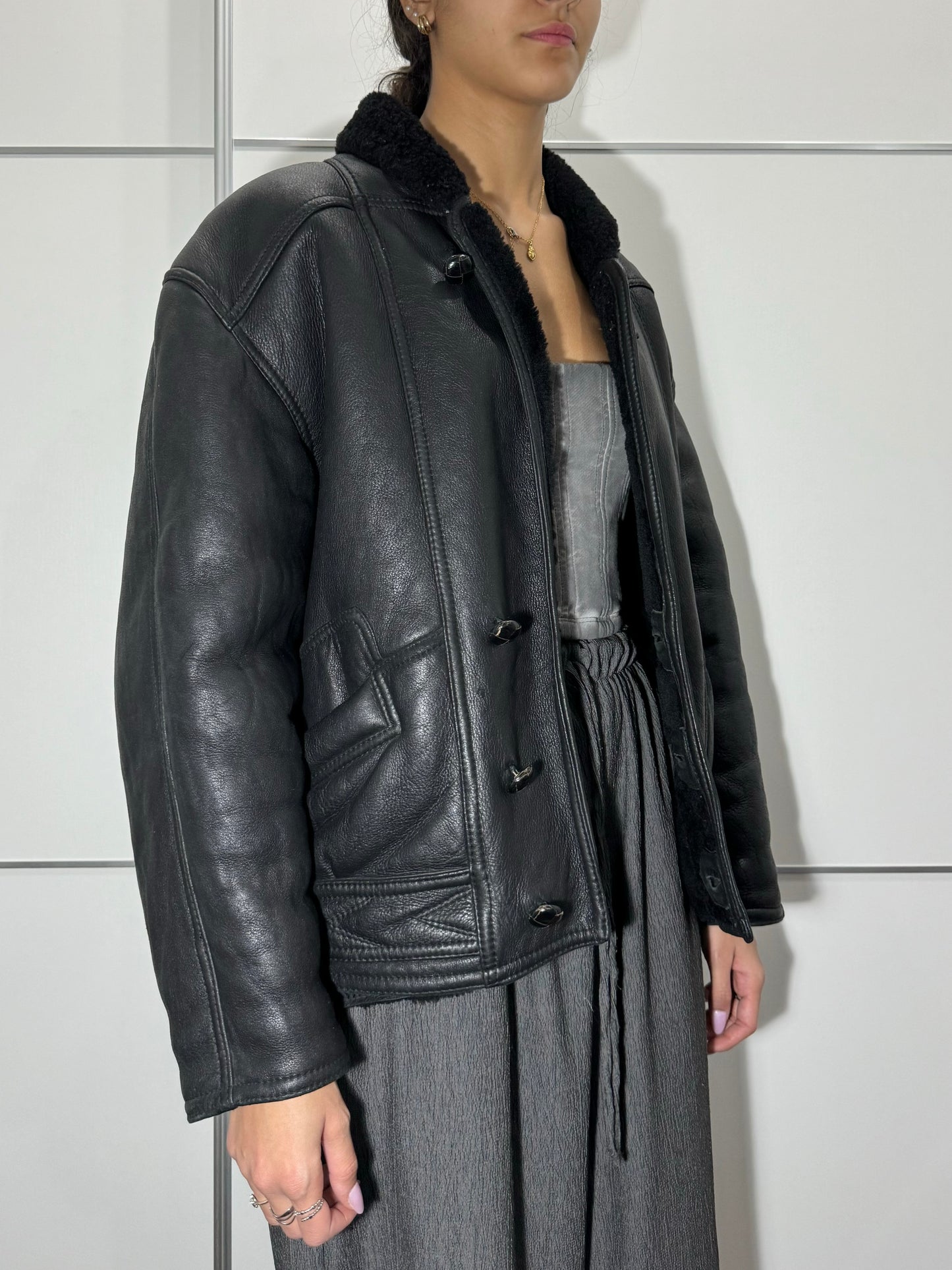 Bomber in montone Shearling nero, taglia 48it uomo