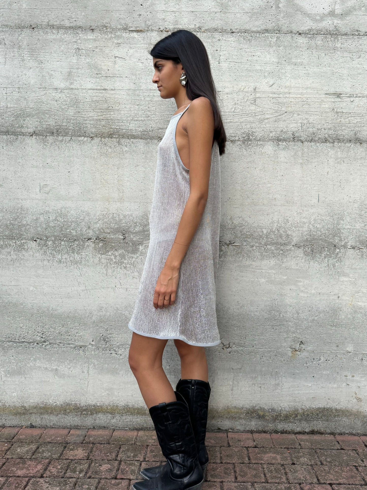 Abitino a rete semitrasparente argento, taglia M