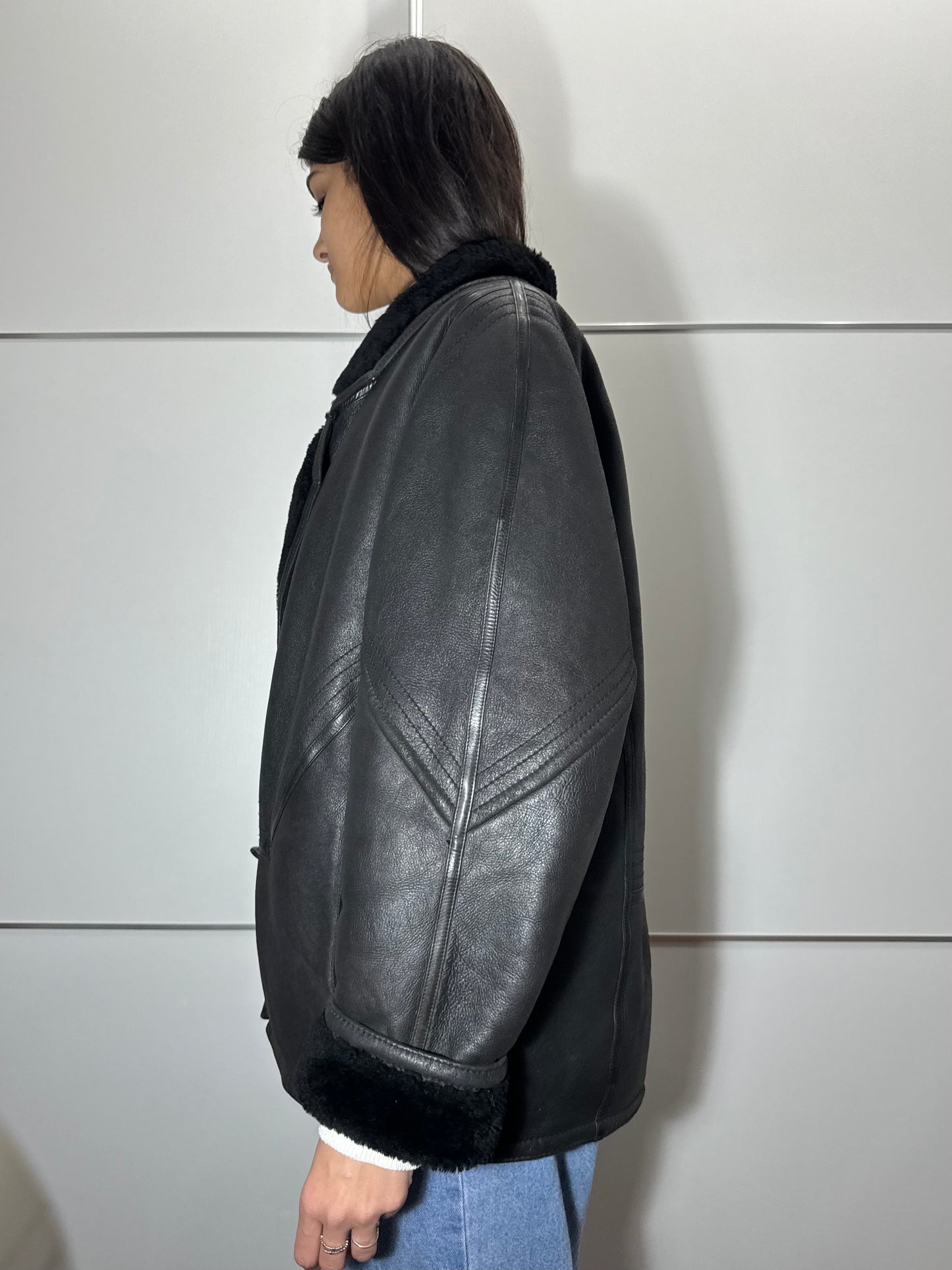 Montone originale Shearling in pelle nero, rara taglia piccola da donna