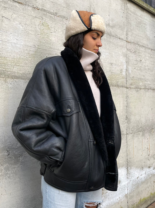 Montone originale Shearling modello bomber, esterno in pelle e interno a pelo raso