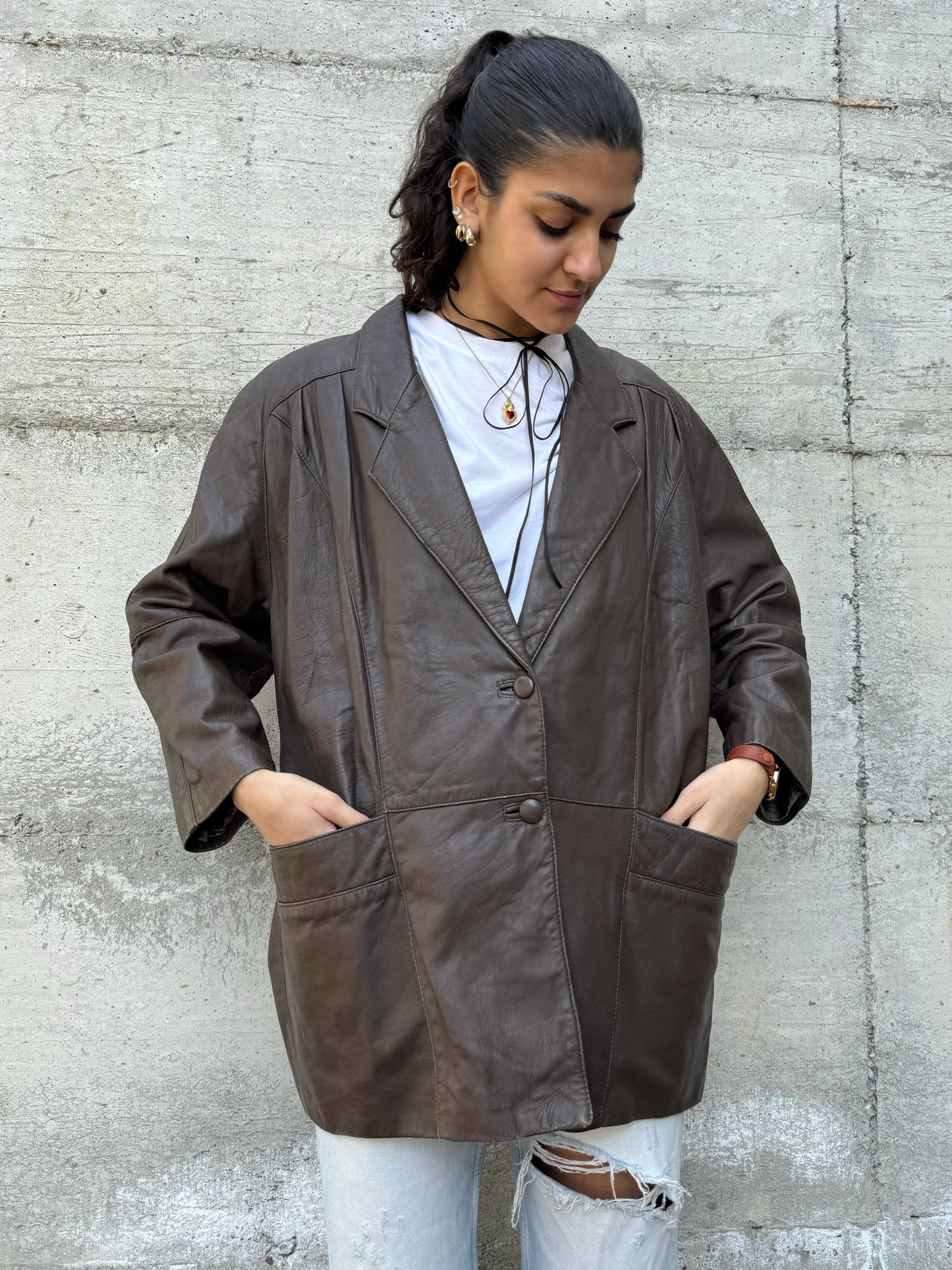 Giacca 80s donna cioccolato in vera pelle nappata