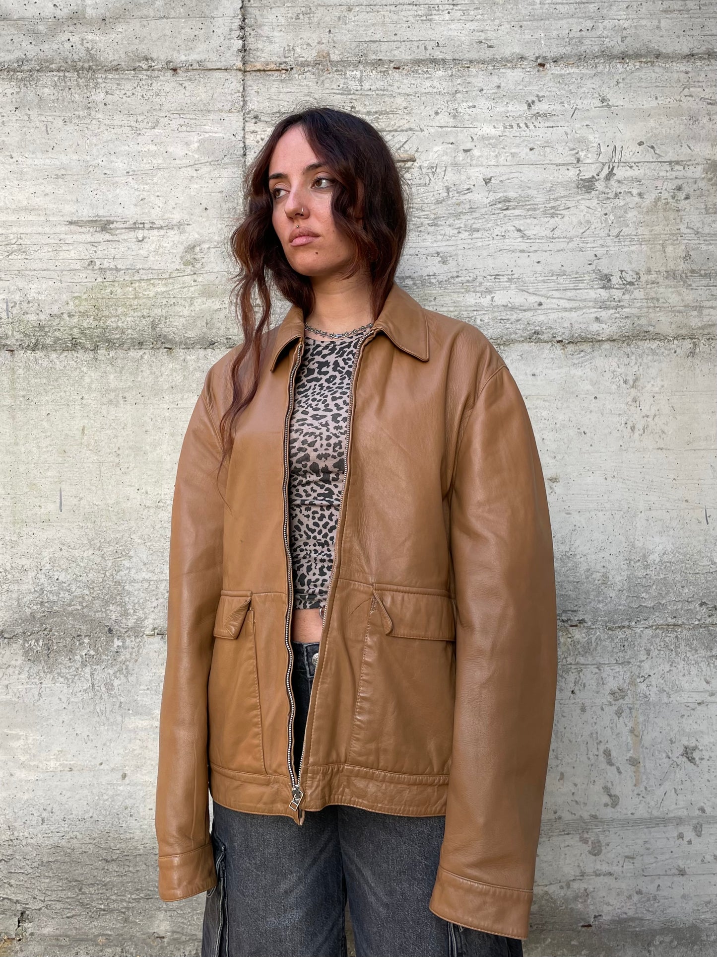 Biker liscio in nappa (vera pelle) biscotto - taglia M/L uomo