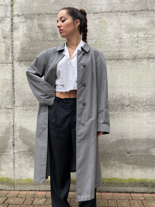 Trenchcoat/cappotto Nino monopetto double face, da un lato pura lana vergine pied de poule, dall'altro impermeabile misto cotone grigio