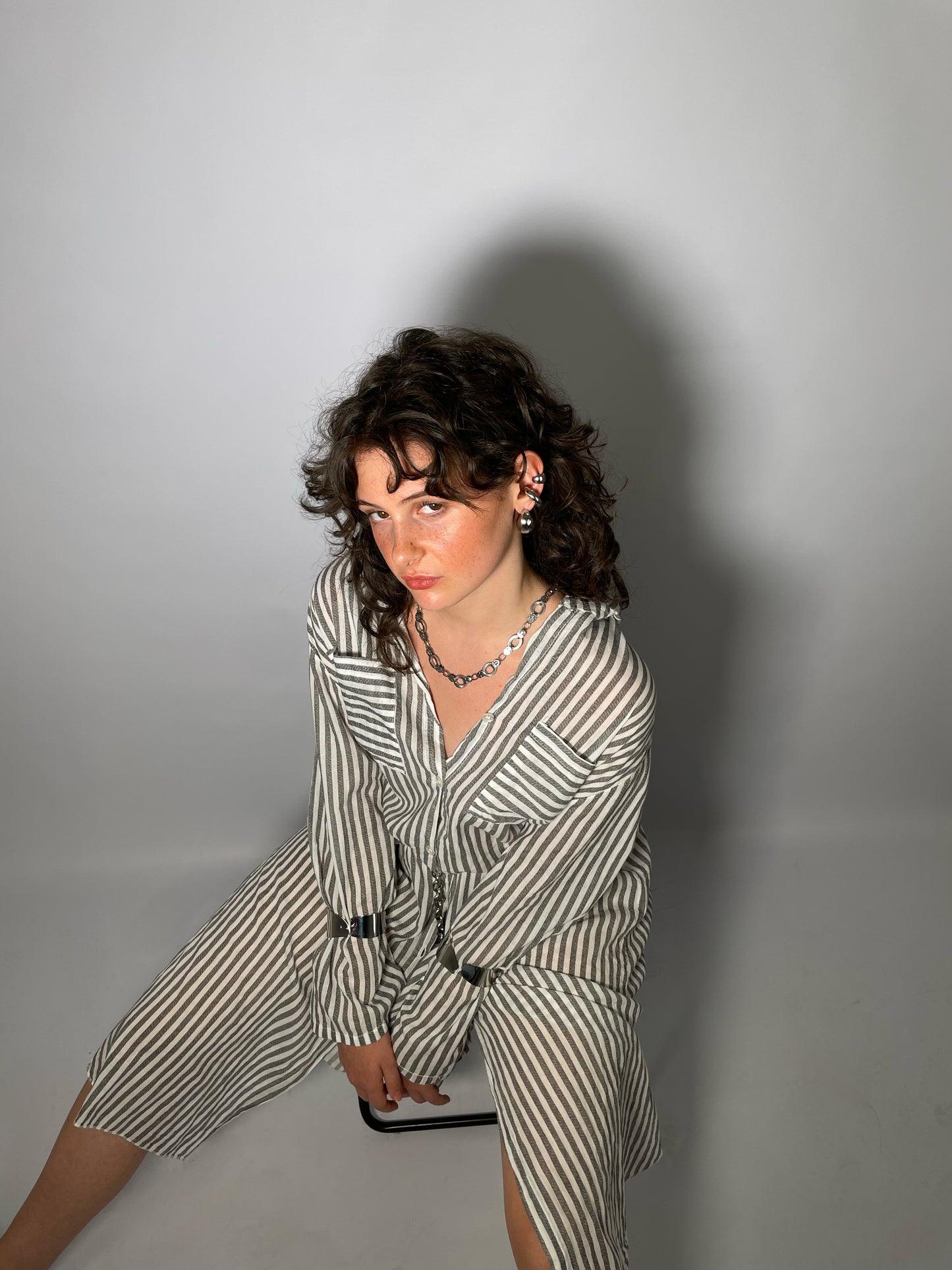 Maxi camicia lunghezza midi 100% cotone - righe bianco e grigio - taglia unica