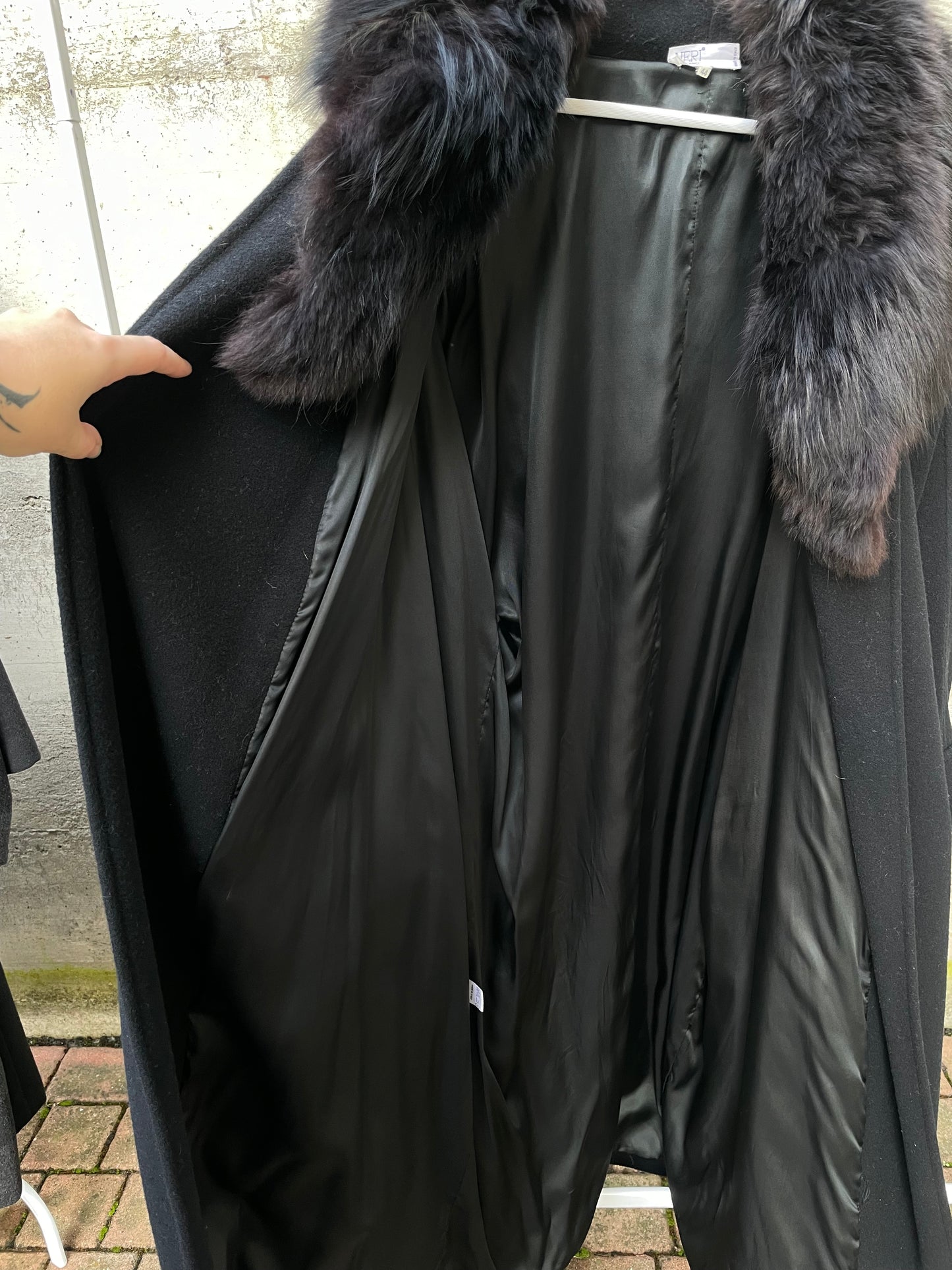 Maxi cappotto accappatoio sartoriale, 100% lana, collo in vera pelliccia - taglia unica