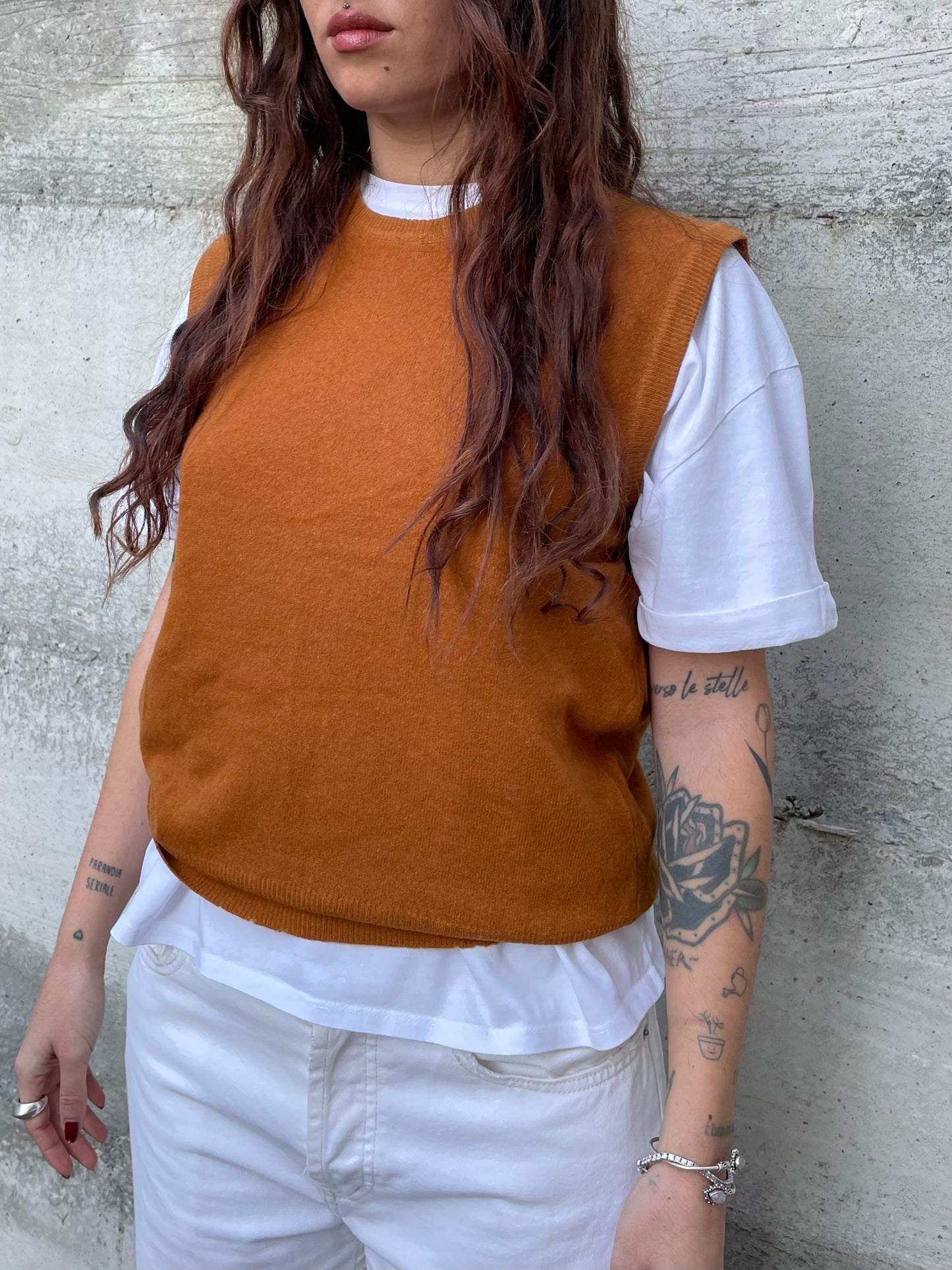 Gilet girocollo ruggine Benetton in misto lana e angora