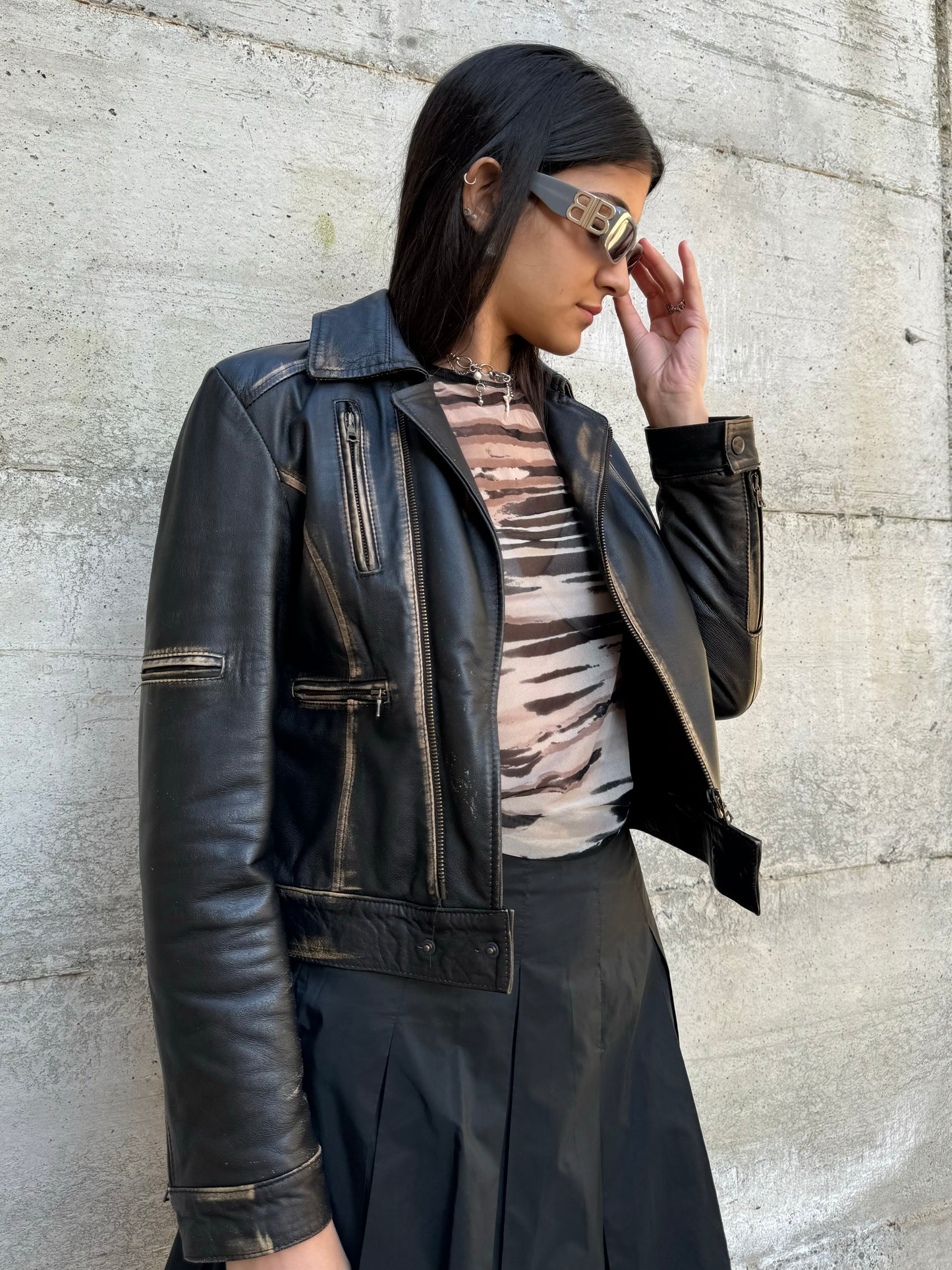 Biker slim in vera pelle nappata effetto used