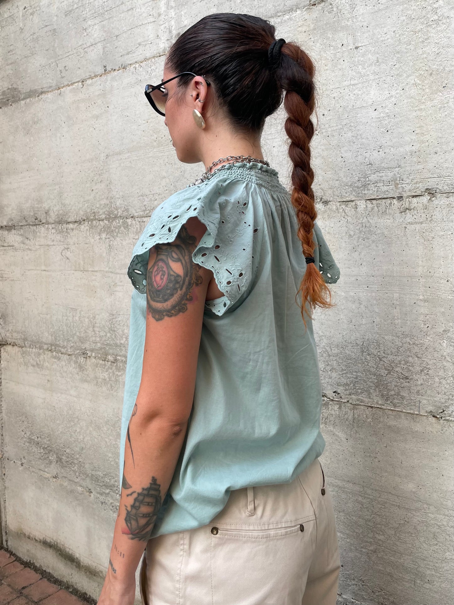 Top sangallo turchese, 100% cotone, taglia S