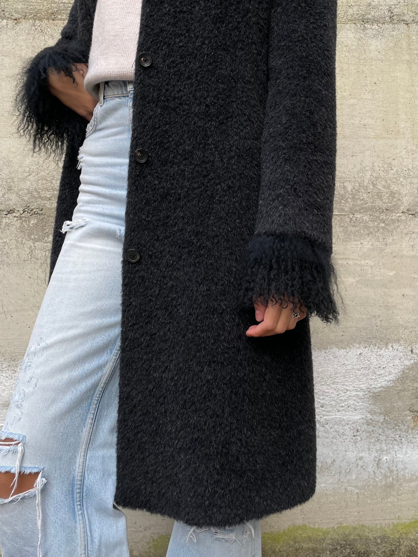 Cappotto Marella in misto alpaca e lana vergine, colletto e polsini in pelo di capra