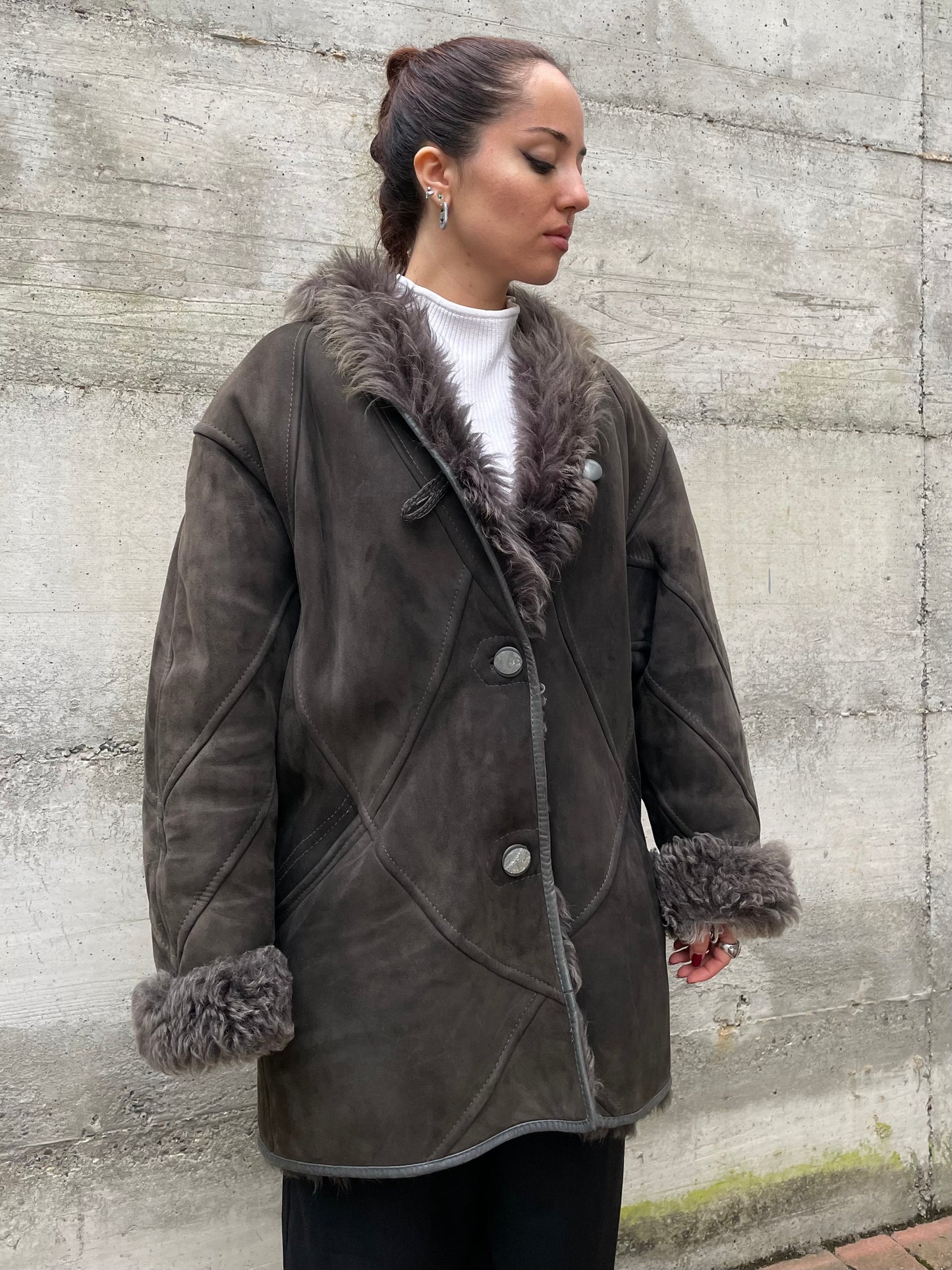Montone originale Shearling a pelo lungo grigio topo