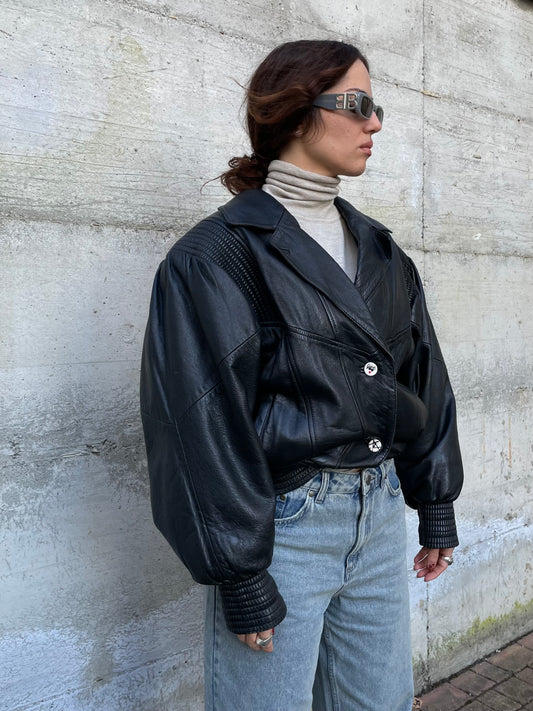 Bomber 80s lavorato in vera pelle nero