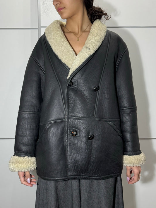 Montone Shearling doppiopetto in pelle nero, interno color burro, taglia 50it uomo