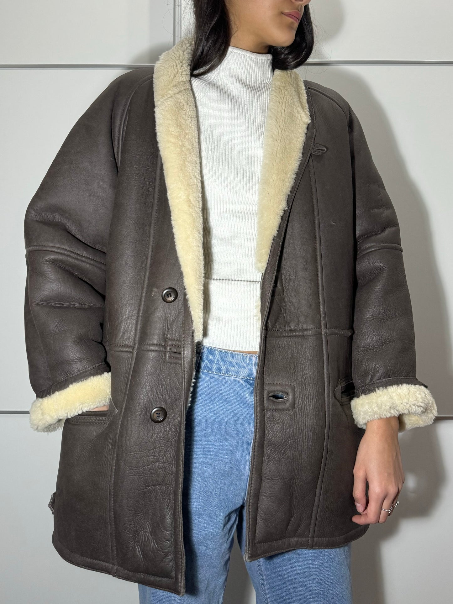 Montone originale Shearling in pelle testa di moro, taglia M uomo