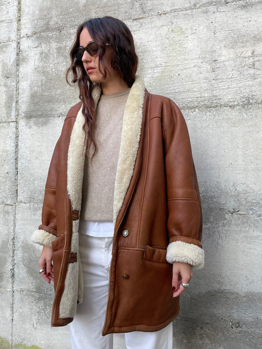 Montone Shearling originale a pelo bianco con esterno in pelle rame, taglia 48it donna