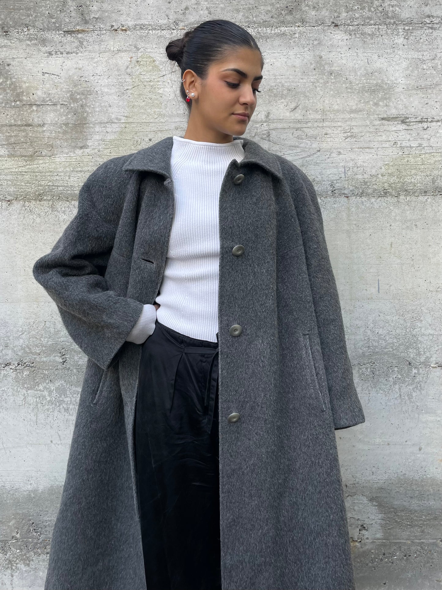 Cappotto sartoriale lungo monopetto, in misto lana e alpaca