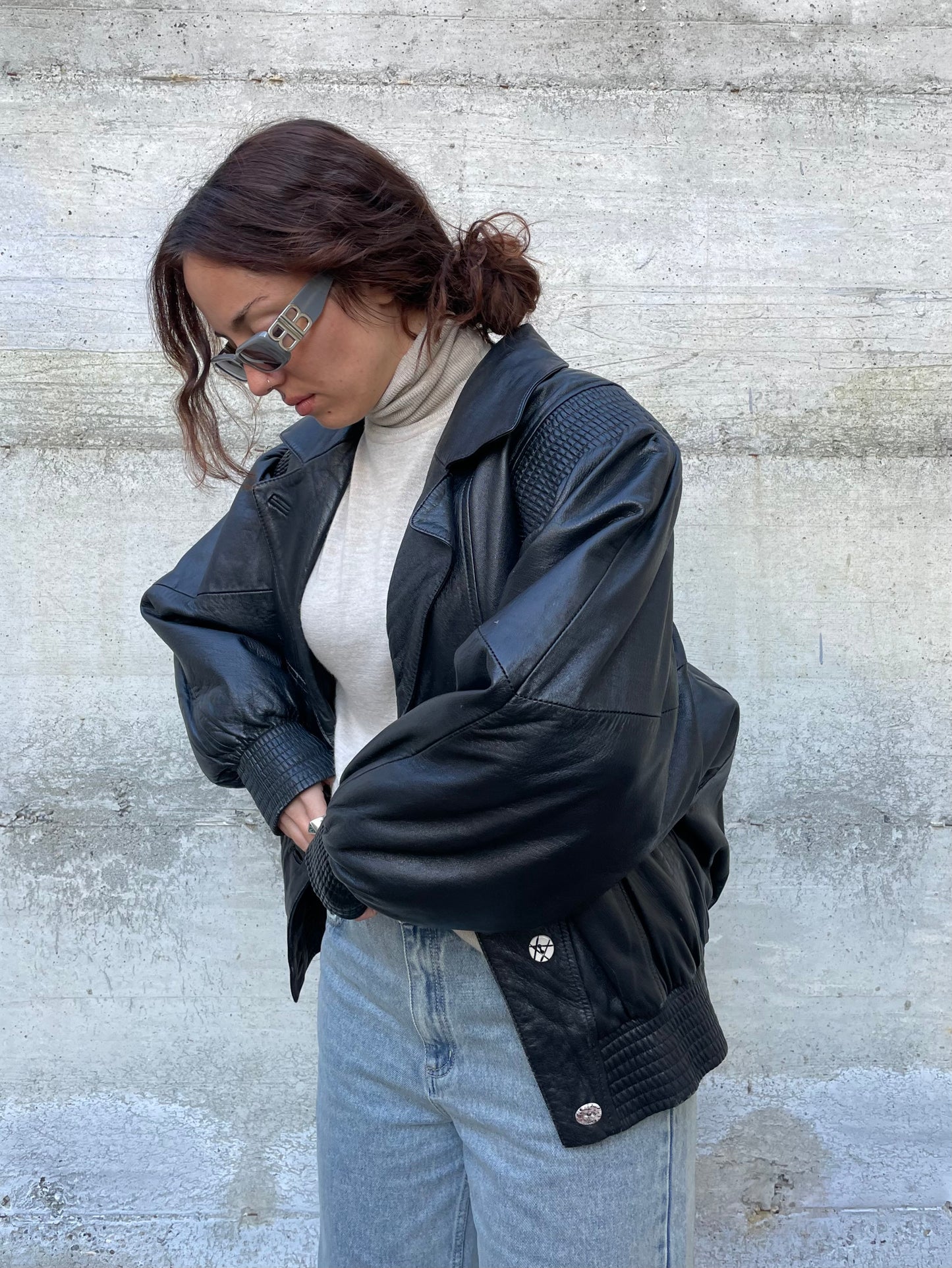 Bomber 80s lavorato in vera pelle nero