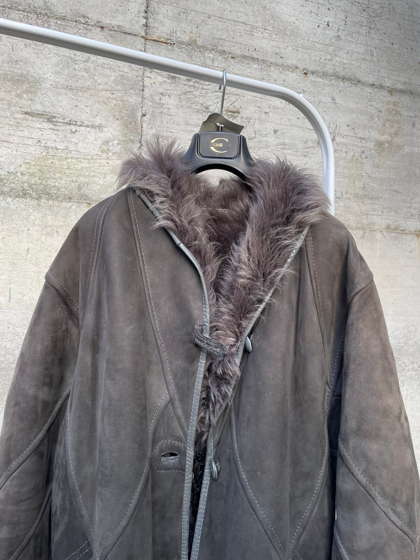 Montone originale Shearling a pelo lungo grigio topo