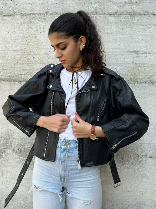 Chiodo cropped in vera pelle nappata