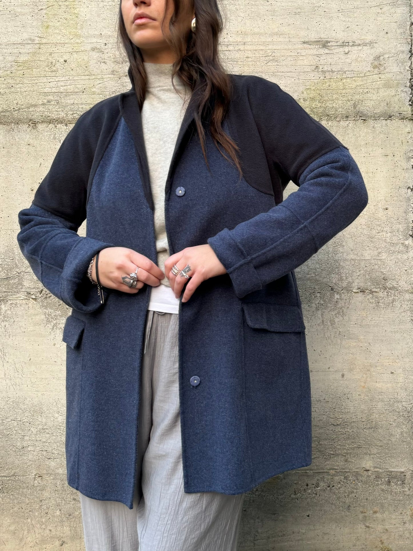 Cappottino Intrend blu mezza stagione, 85% lana 15% lyocell